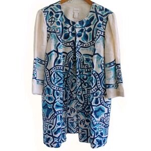 Chicos Linen Kimono Jacket Blue White Geometric Print Open Front